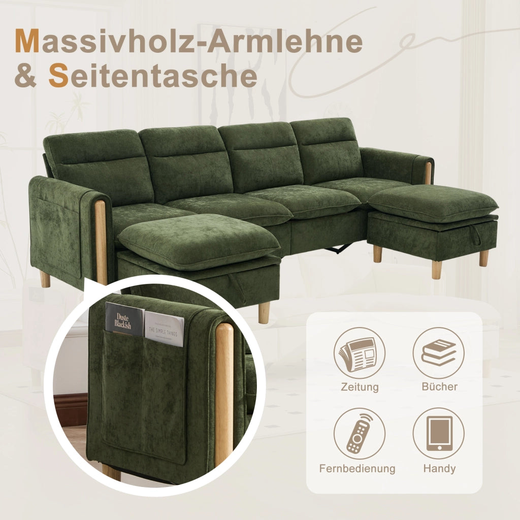 Divano modulare U a 4 posti - con contenitore e cuscini laterali - in chenille verde