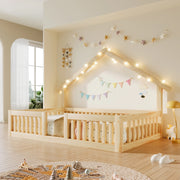 Letto Casetta per Bambini 90x200 cm con Sponde di Sicurezza; LED; Naturale