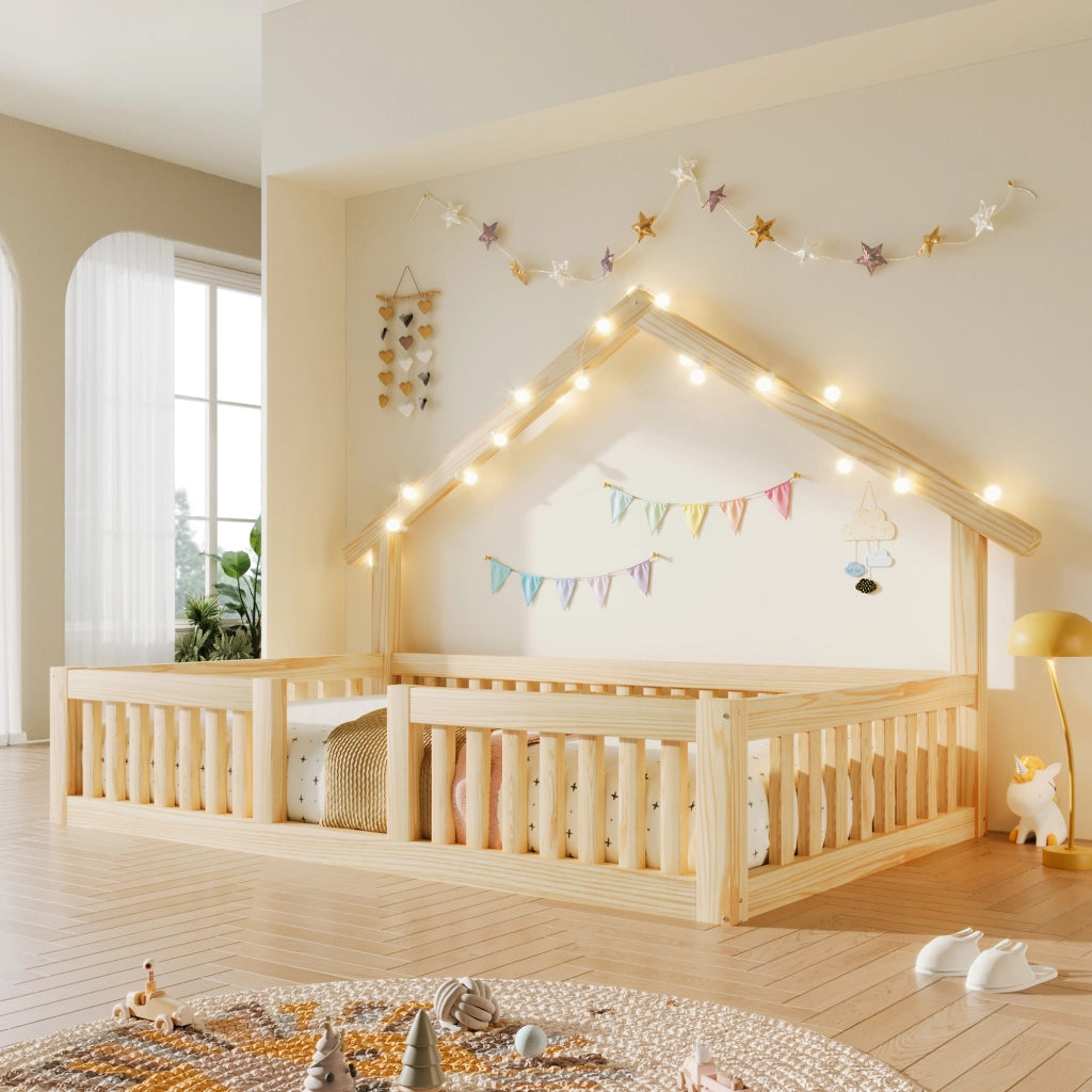 Letto Casetta per Bambini 90x200 cm con Sponde di Sicurezza; LED; Naturale