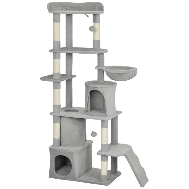 Tiragraffi per Gatti Multilivello con Tunnel e Amaca; Pali in Sisal; 170 cm Grigio Chiaro