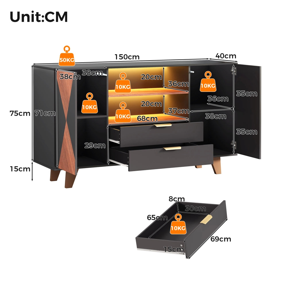 Credenza da cucina LED con 2 cassetti, ripiani regolabili e vani aperti, MDF naturale e nero, 150 × 40 × 90 cm