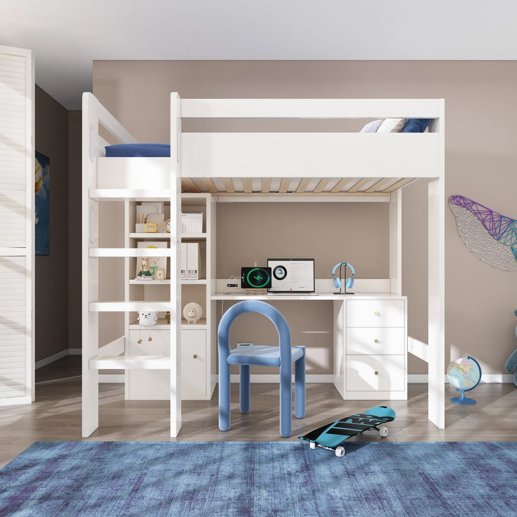 Letto a soppalco singolo 90 × 200 cm con scrivania, USB e Type-C, armadio, cassetti e struttura bianca