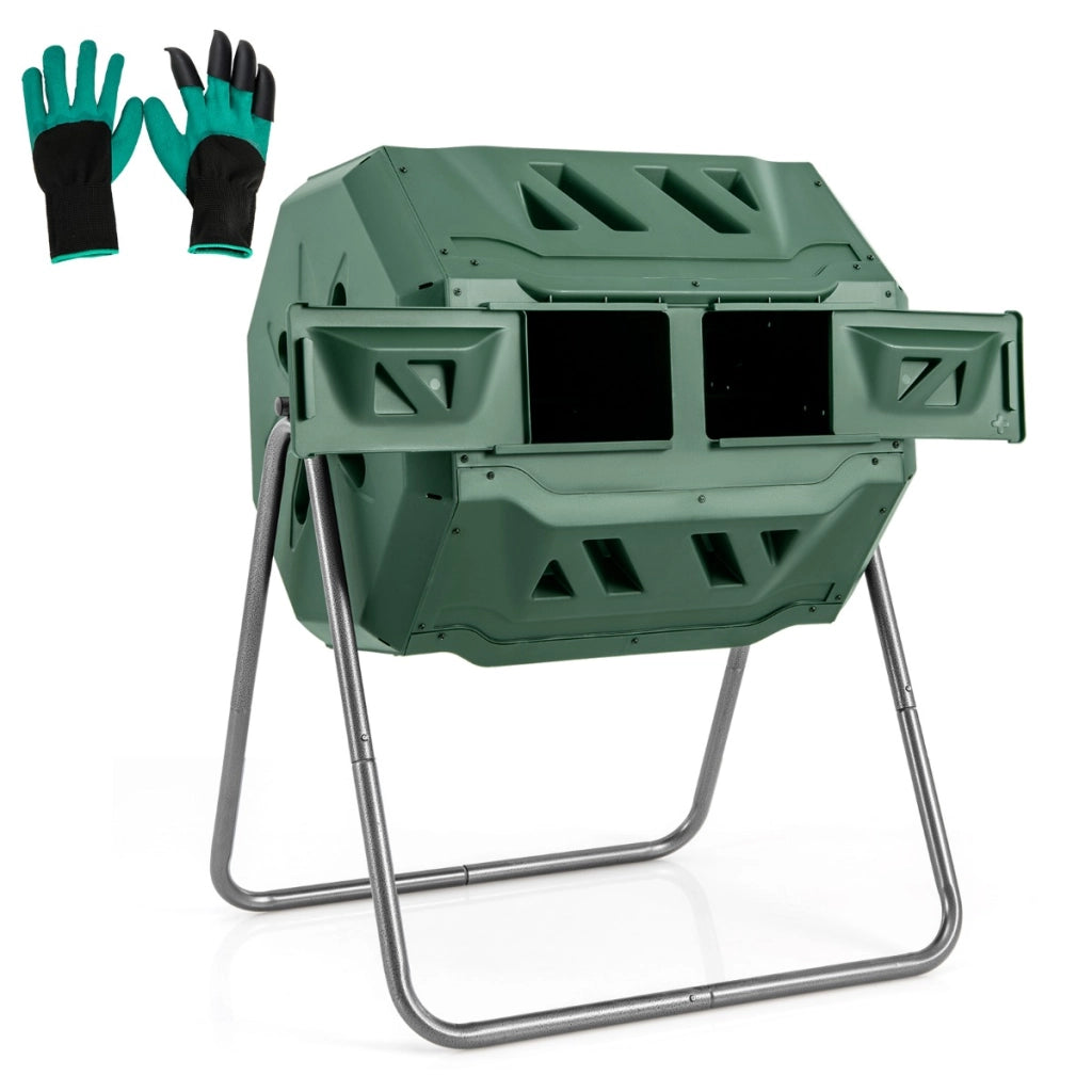 Bidone per il compostaggio da 160L con 2 porte scorrevoli telaio metallico, Compostiera rotante a doppia vasca Verde