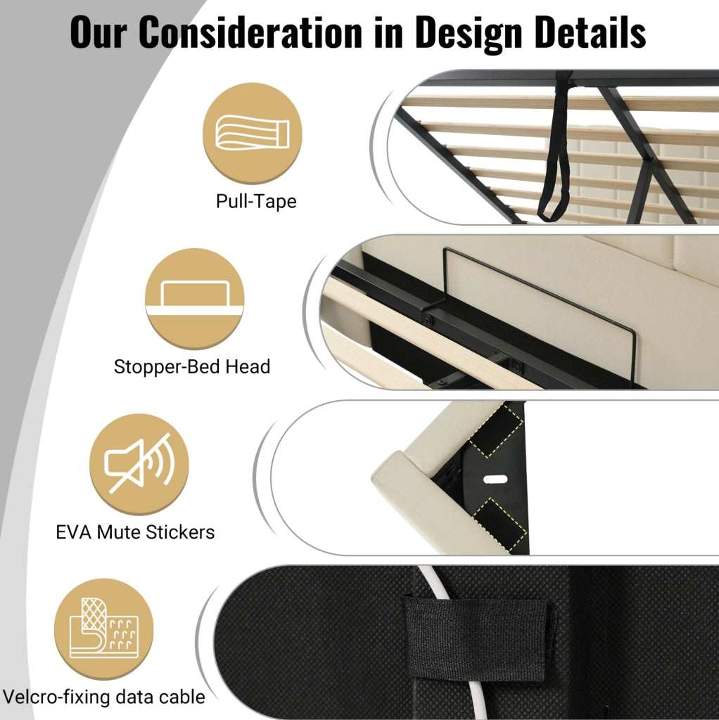Letto imbottito matrimoniale 180x200 cm con contenitore; LED 360°; USB e Type-C; beige; con materasso