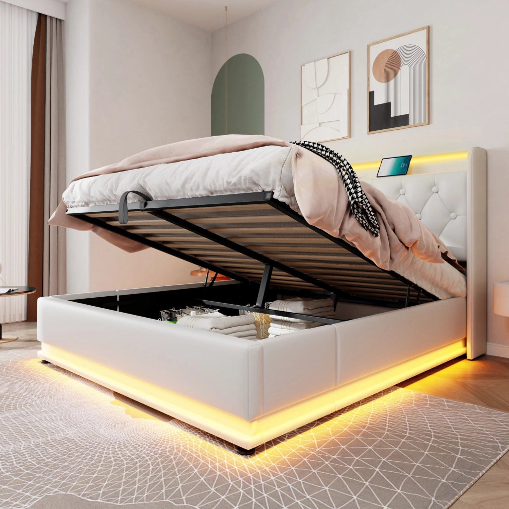 Letto matrimoniale bianco 160x200 cm con LED