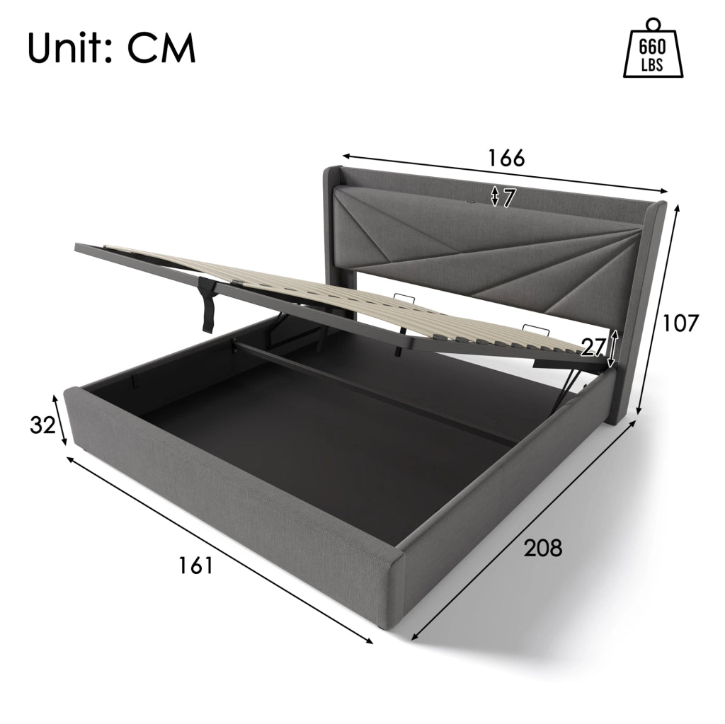 Letto matrimoniale 160x200 cm con contenitore; USB e USB-C; cotone e lino grigio