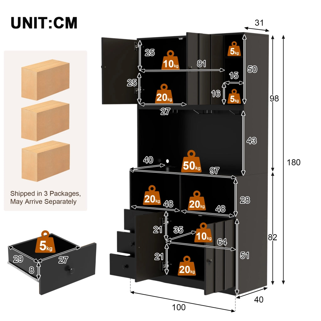 ARMADIO CUCINA 180 cm con LED, prese USB/AC, MDF nero