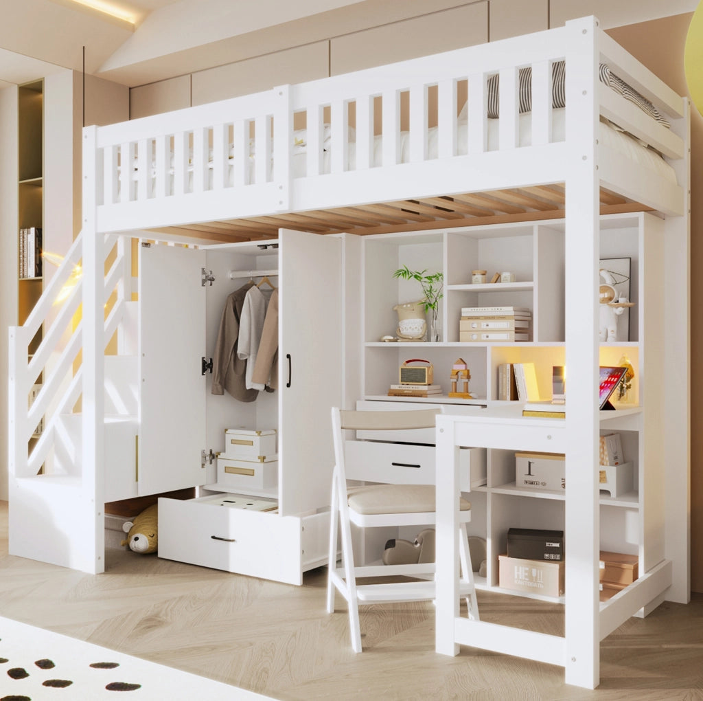 Letto a soppalco 90x200 cm con scrivania, armadio, cassetti e scaletta con contenitori, bianco, senza materasso