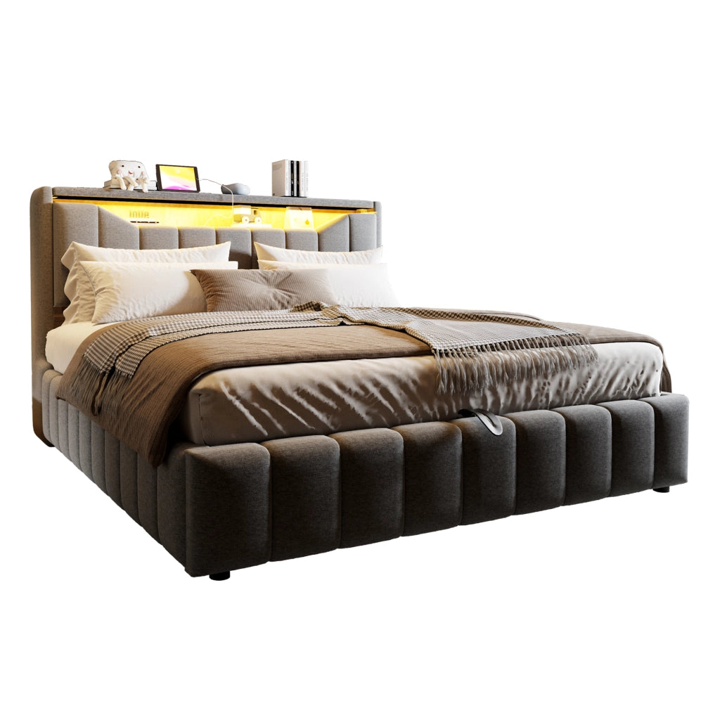 Letto contenitore matrimoniale 180 × 200 cm con LED, USB e USB-C, testiera con vano, senza materasso, tessuto grigio
