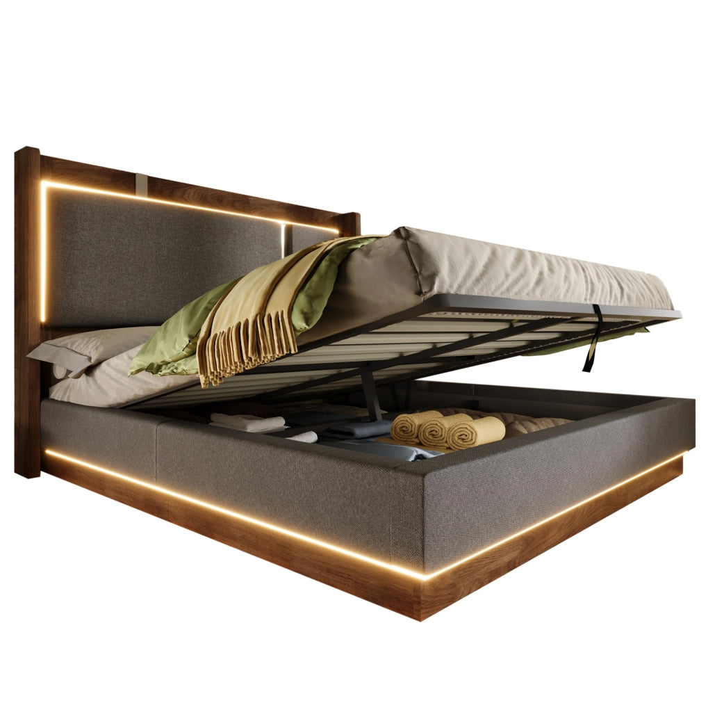 Letto imbottito 140x190 cm con LED e contenitore idraulico in lino grigio e noce