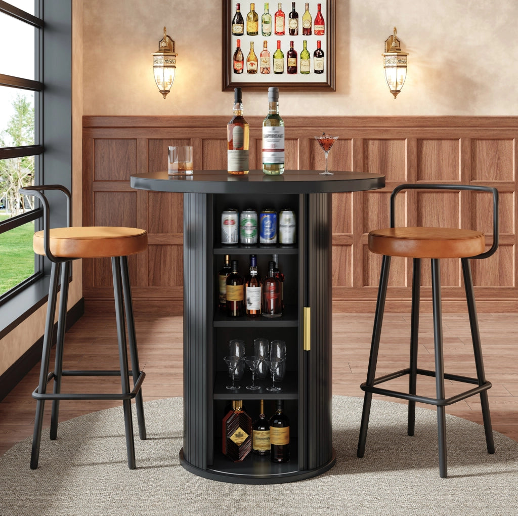 Tavolo da bar rotondo 60x60x91;6 cm con mobile a 4 ripiani in MDF e metallo; nero