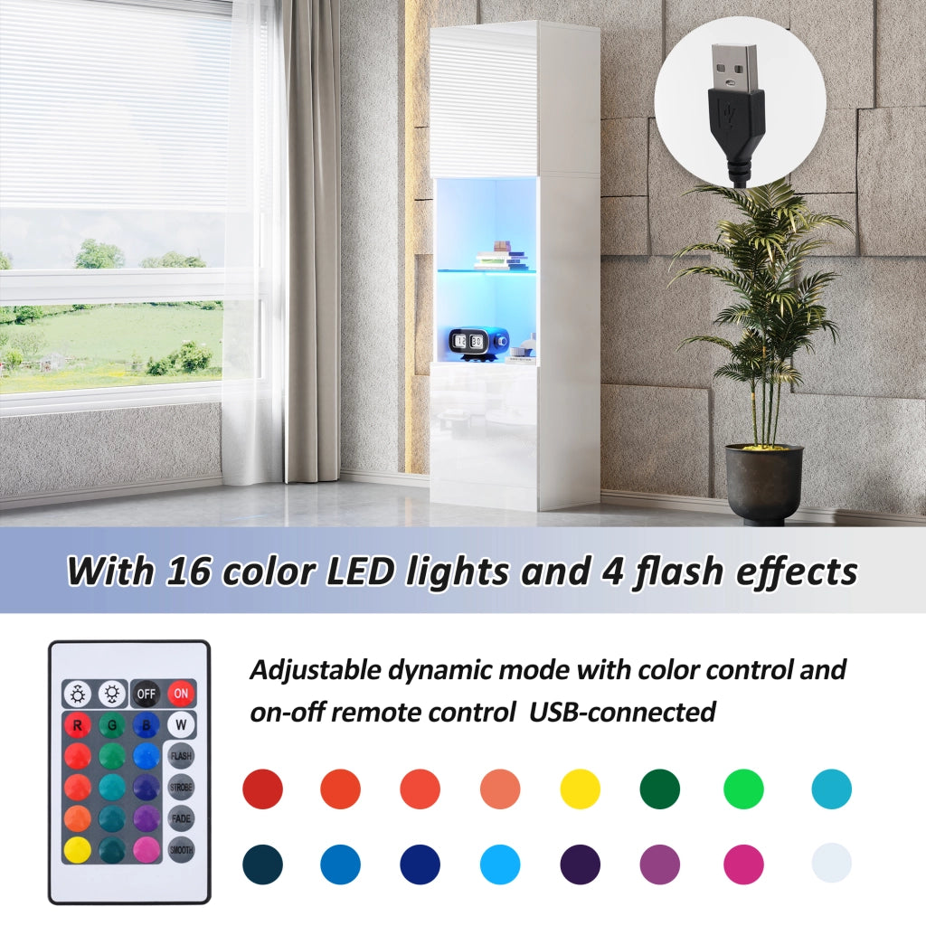 Vetrina alta con LED Bluetooth e ripiano in vetro temperato in truciolare bianco lucido 45 × 35 × 160 cm