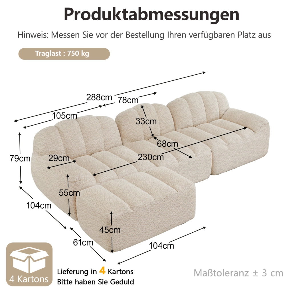 Divano modulare ad angolo 3 posti con pouf, imbottitura in schiuma ad alta densità 32D, tessuto morbido beige chiaro