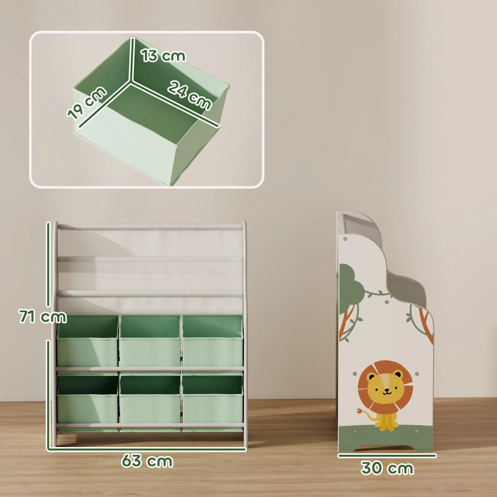 Scaffale Portagiochi per Bambini 63x30x71 cm con 6 Cassetti in Tessuto e Libreria a 2 Livelli in Legno e Acciaio Verde