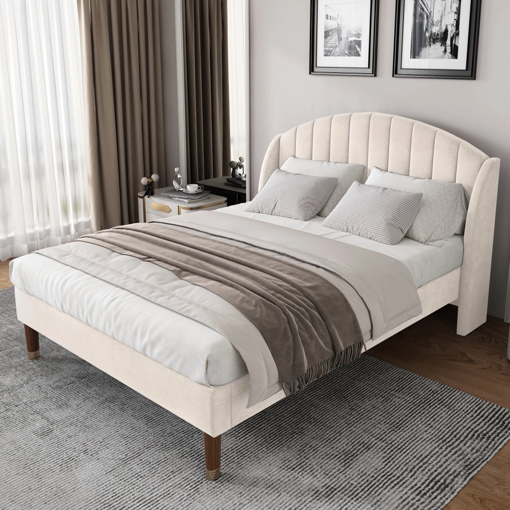 Letto imbottito 140 × 190 cm con rete a doghe in legno e testiera imbottita rivestito in velluto beige