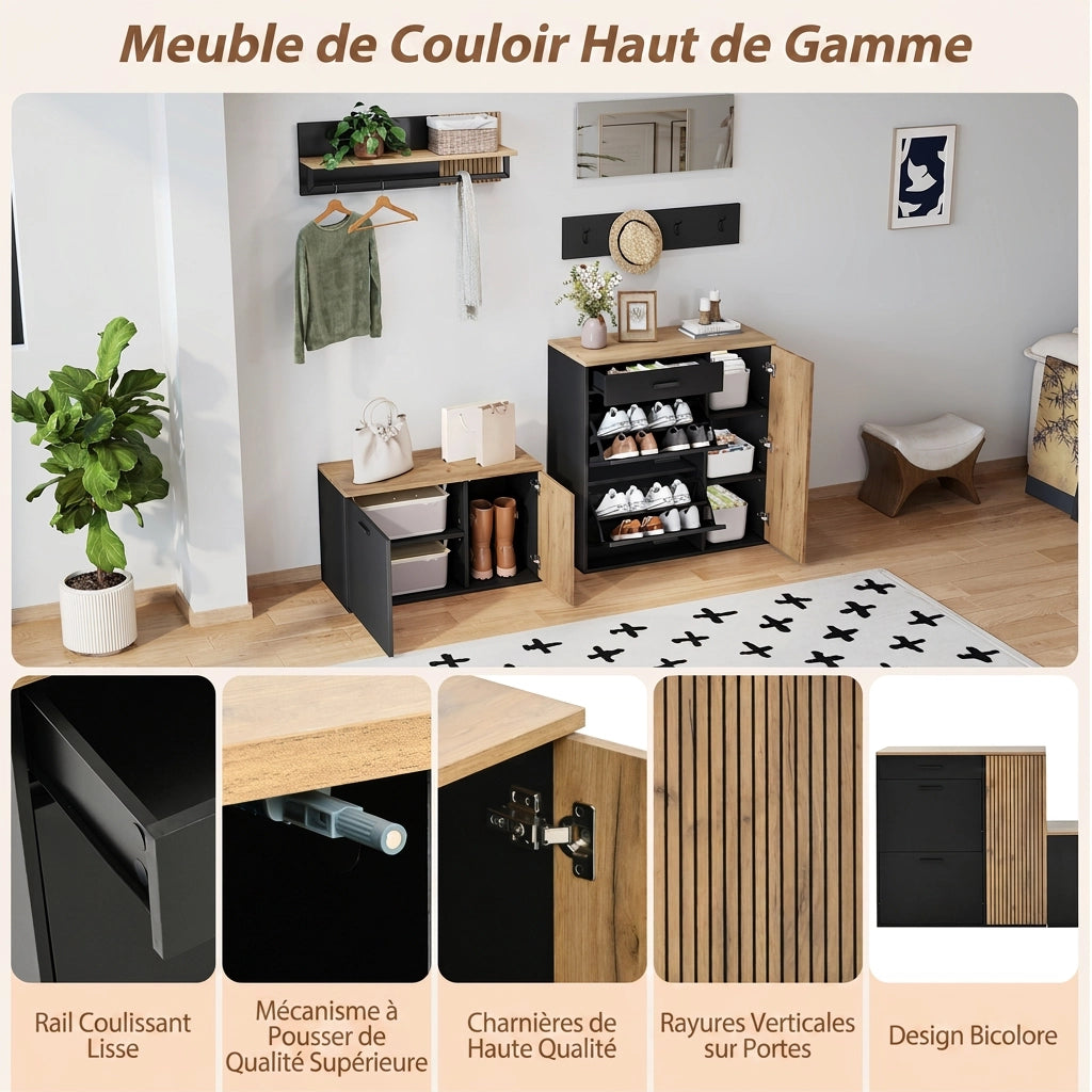 Set mobili da ingresso 5 pezzi; panca scarpiera da ingresso e armadietto; specchio e ganci; mobile da ingresso legno e nero