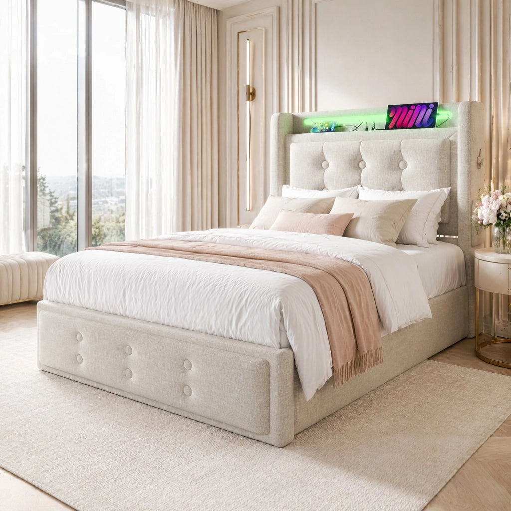 Letto imbottito 90x200 cm con contenitore; LED; prese USB e Type-C; beige