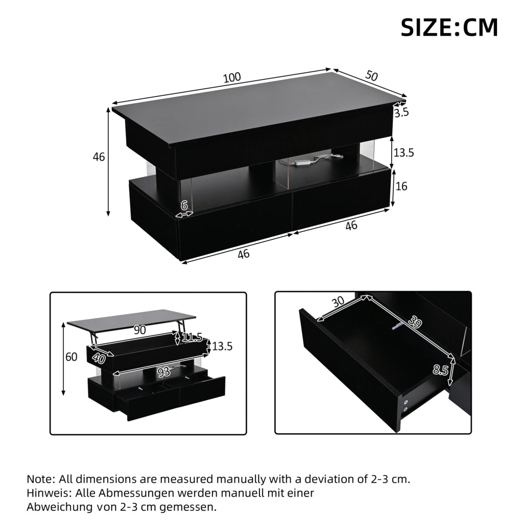 Tavolino da caffè nero 100x50x46 cm con piano sollevabile, 2 cassetti e LED controllabile via app