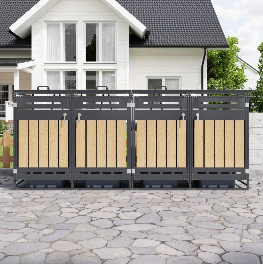 Cassonetto porta rifiuti a 4 scomparti con coperchio idraulico, rivestimento effetto legno verticale, ventilazione a fori lunghi, struttura in ferro con serratura