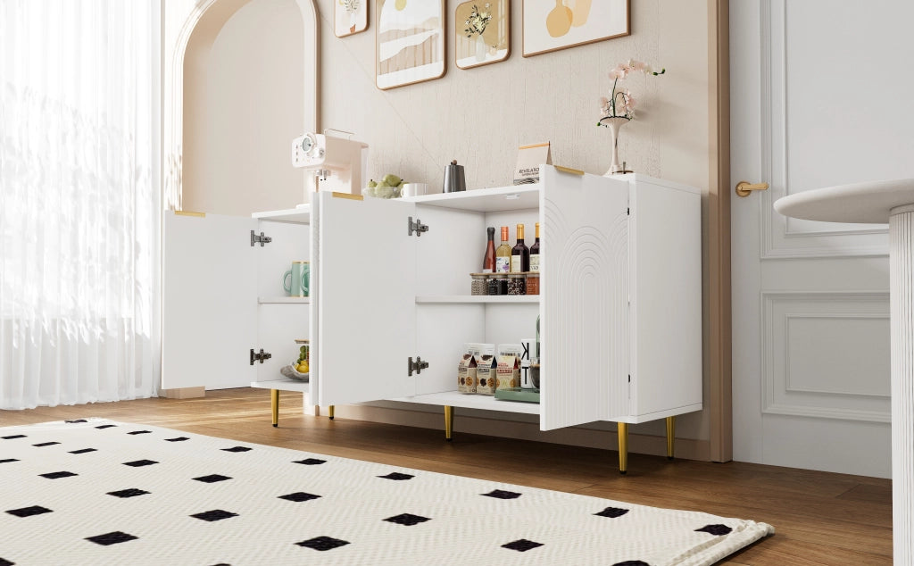 Sideboard soggiorno bianco, 160x80x40 cm, 4 ante, maniglie dorate spazzolate, gambe high-gloss