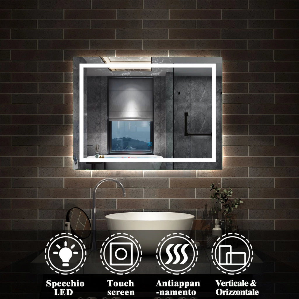 Specchio da bagno Aica LED 80 x 60 cm + antiappannamento + luminosità regolabile + interruttore a sfioramento