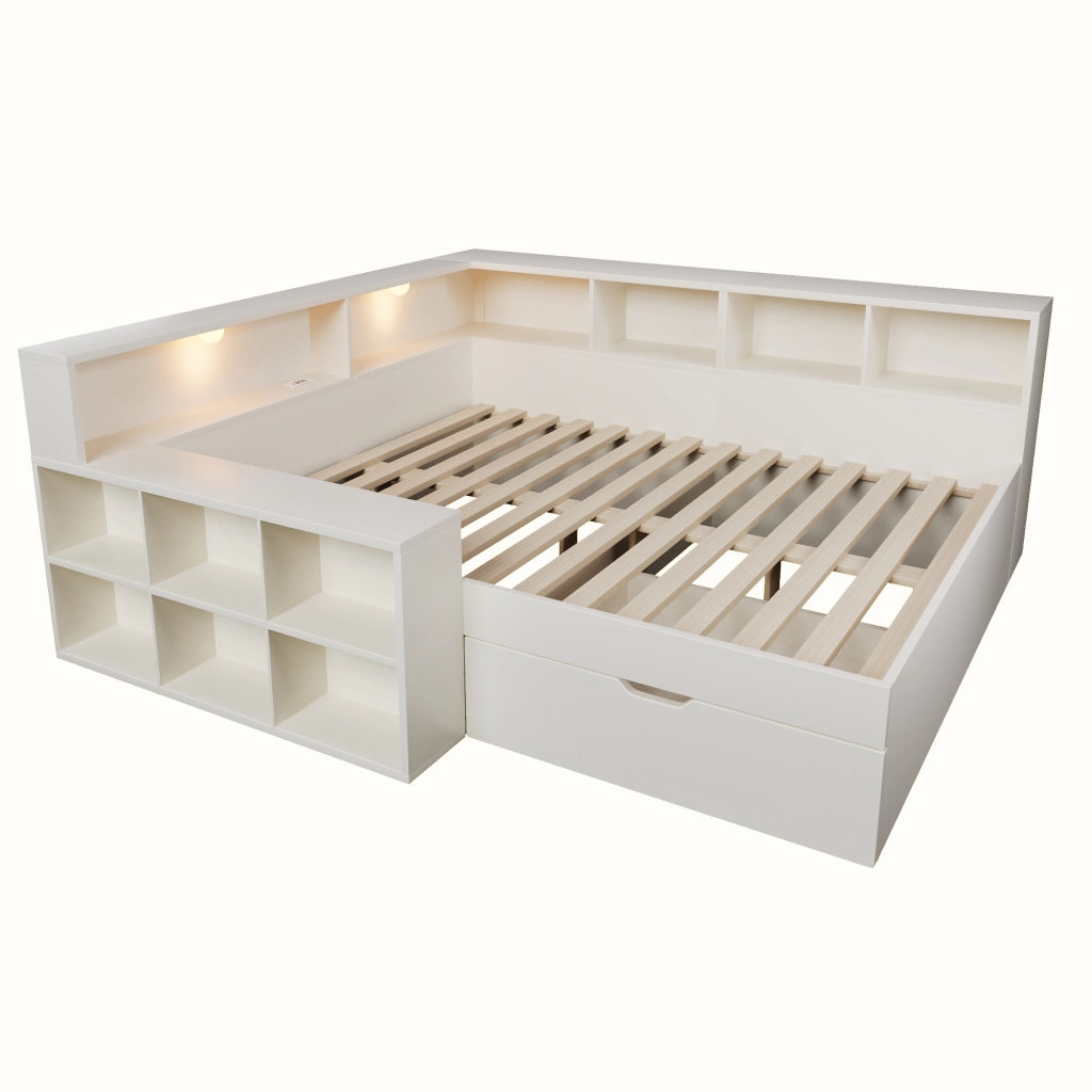 Letto 140x190 cm con vani portaoggetti; luci e porte di ricarica in legno bianco