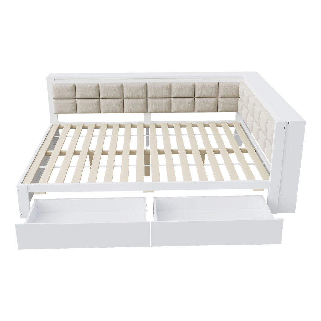 Letto salvaspazio una piazza e mezza 140×200 cm con 2 cassetti; testiera morbida e rete; senza materasso; legno bianco