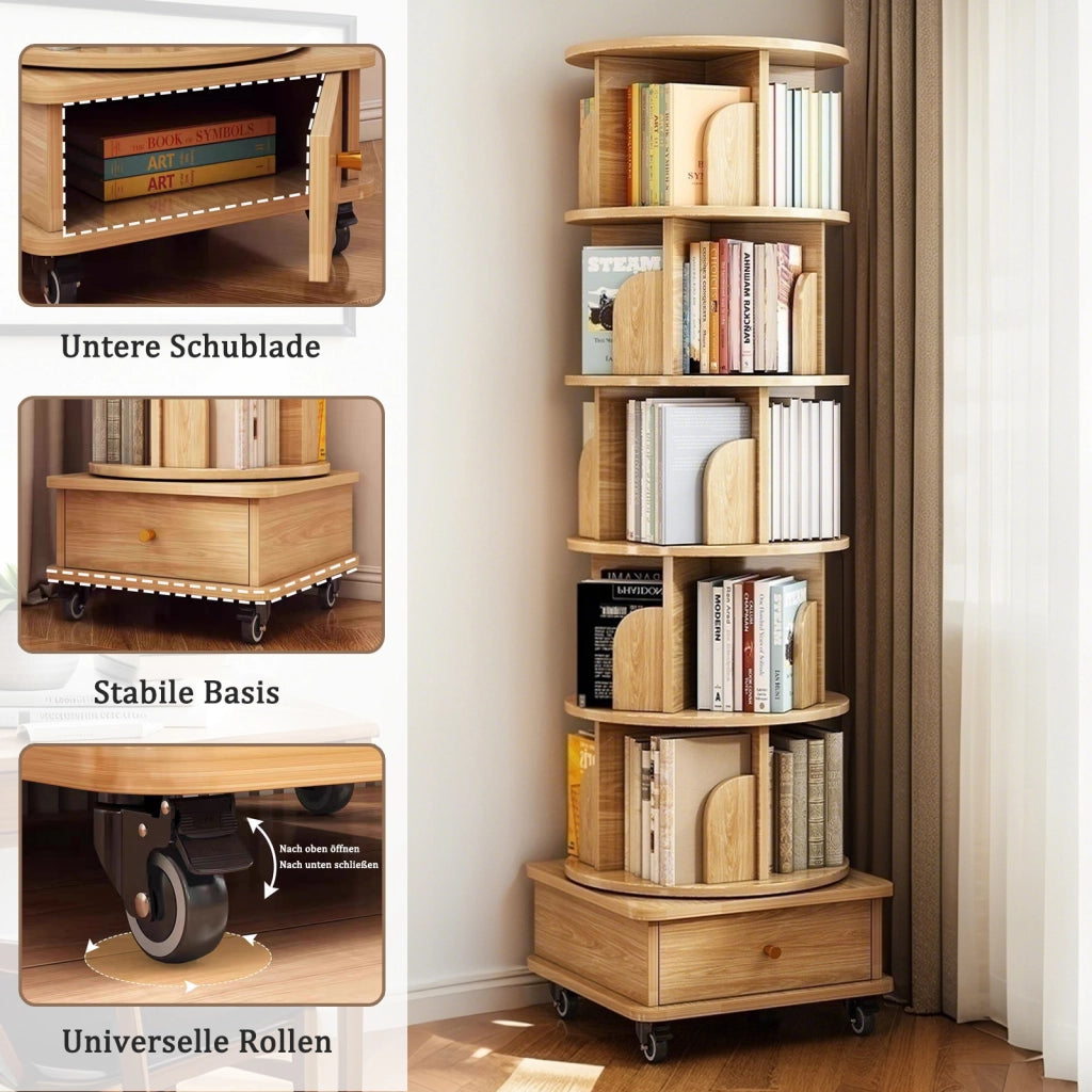 Libreria girevole 360° con rotelle e cassetto per piccoli spazi in MDF legno per soggiorno e camera da letto 58 × 56 × 29 cm