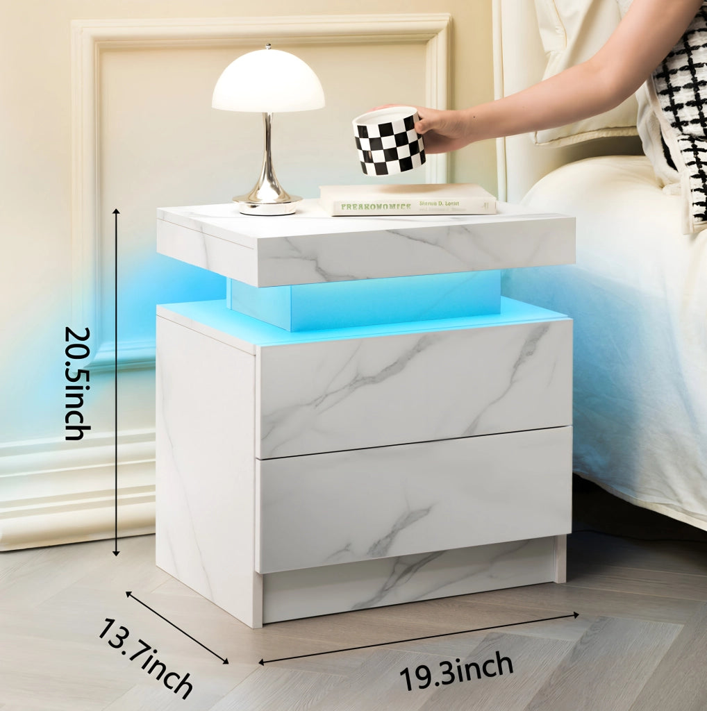 Comodino moderno con LED multicolore; 2 cassetti e vano a giorno in legno ingegnerizzato bianco opaco