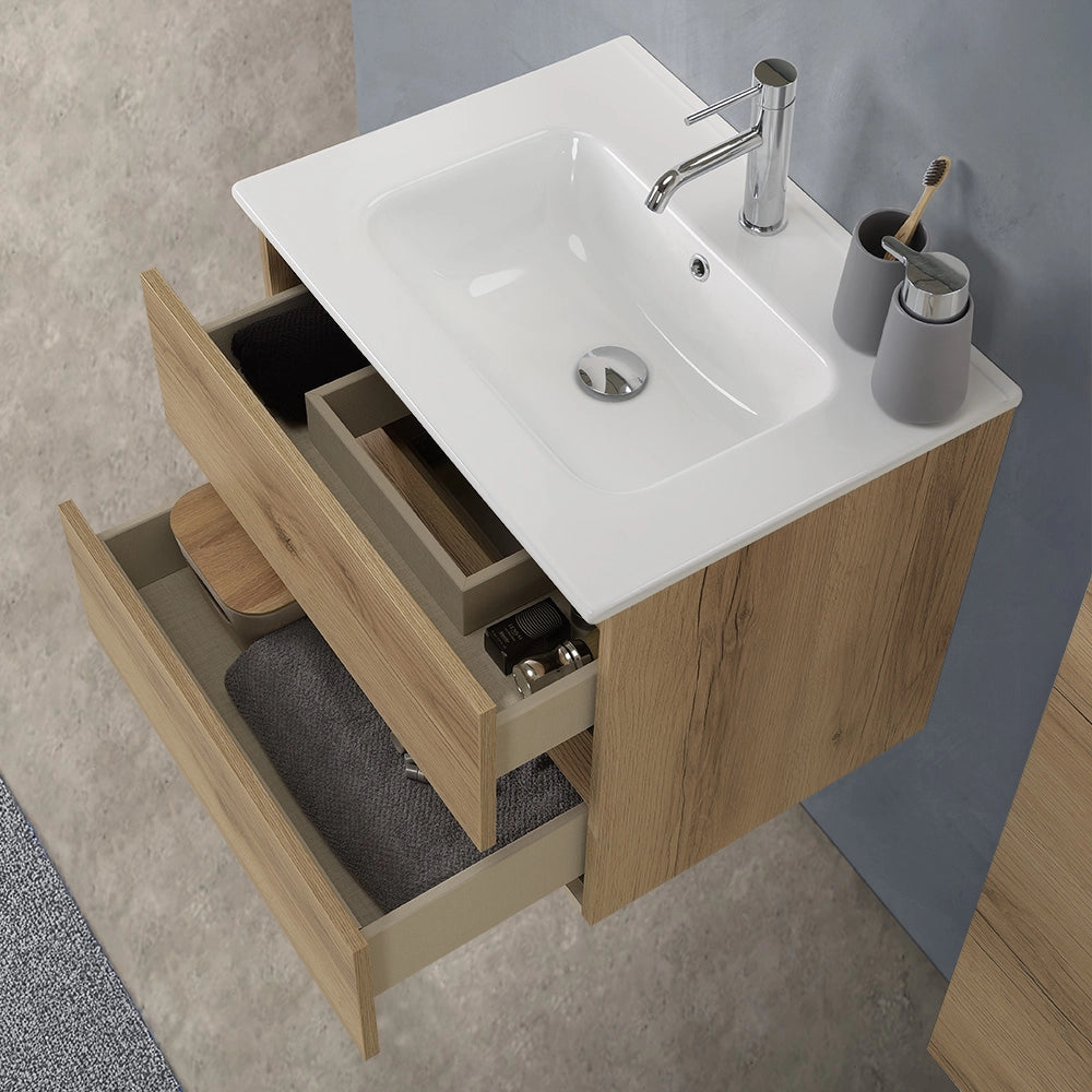 Mobile bagno sospeso 60cm in legno quercia naturale 2 cassettoni con lavabo Leda
