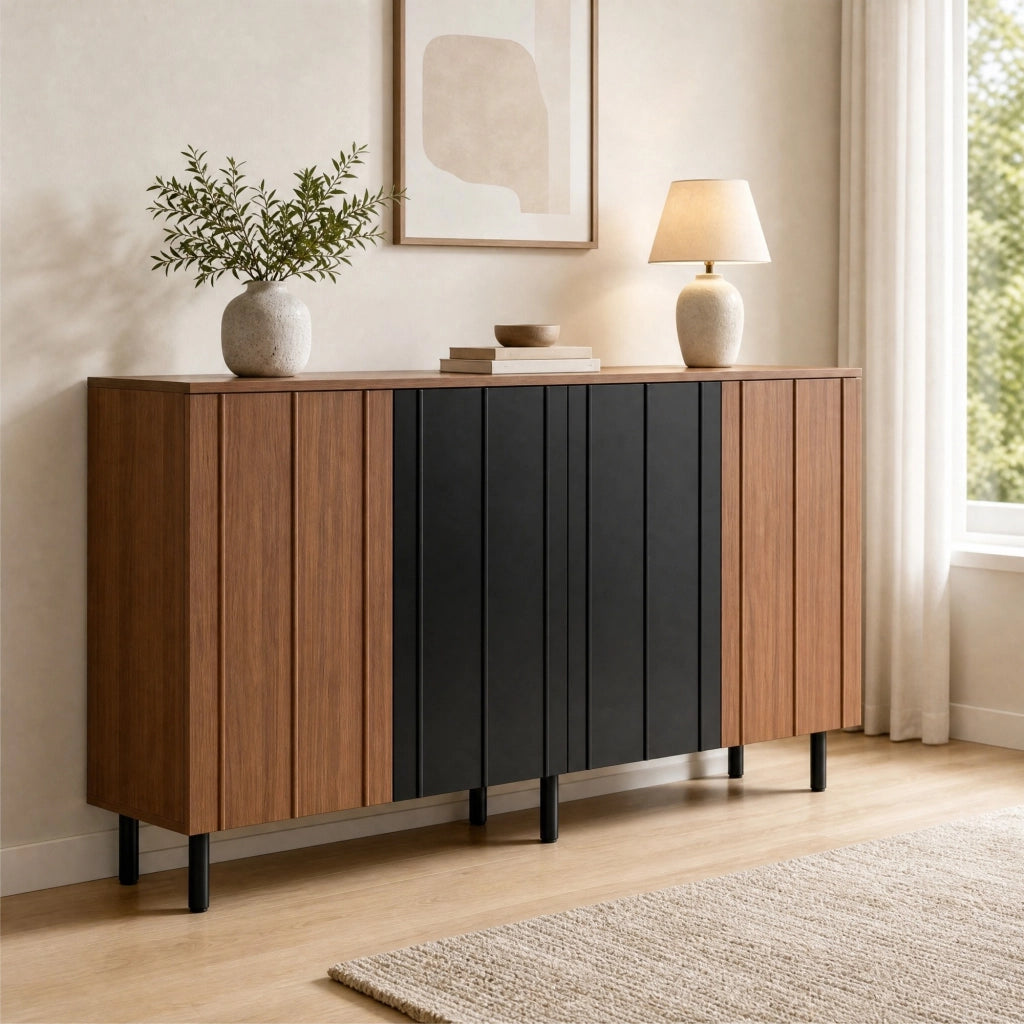 Credenza con 4 ante e ripiani regolabili in truciolato finitura noce e nero per cucina 160 × 35 × 80 cm