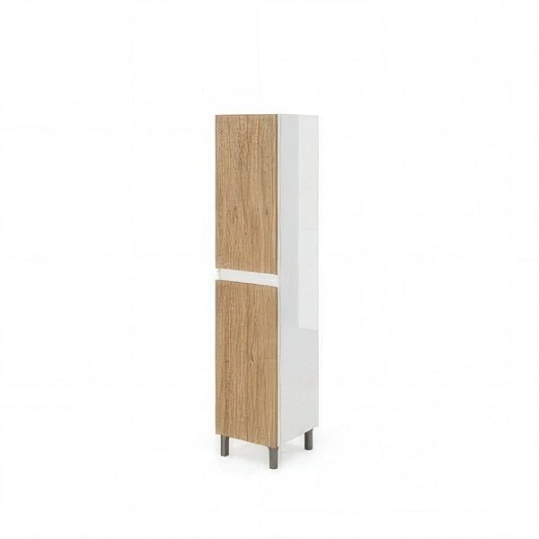 Colonna Bagno 2 Ante Reversibili 31,5 x 33,5 x 140 cm con Piedini Regolabili Bianco Lucido e Rovere Naturale Lisbona