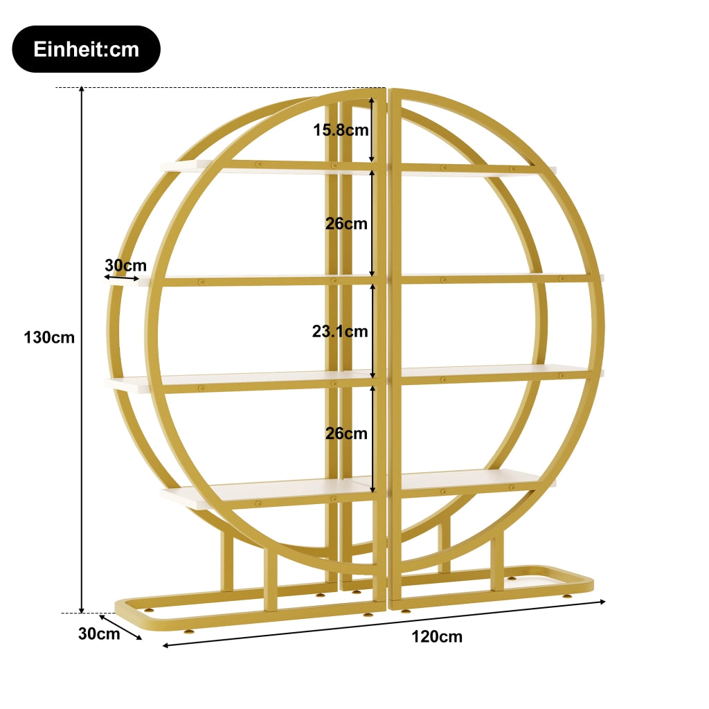 Libreria modulare aperta a 2 elementi con 4 ripiani per soggiorno e cucina, in MDF e metallo, oro e bianco, 120 × 30 × 130 cm