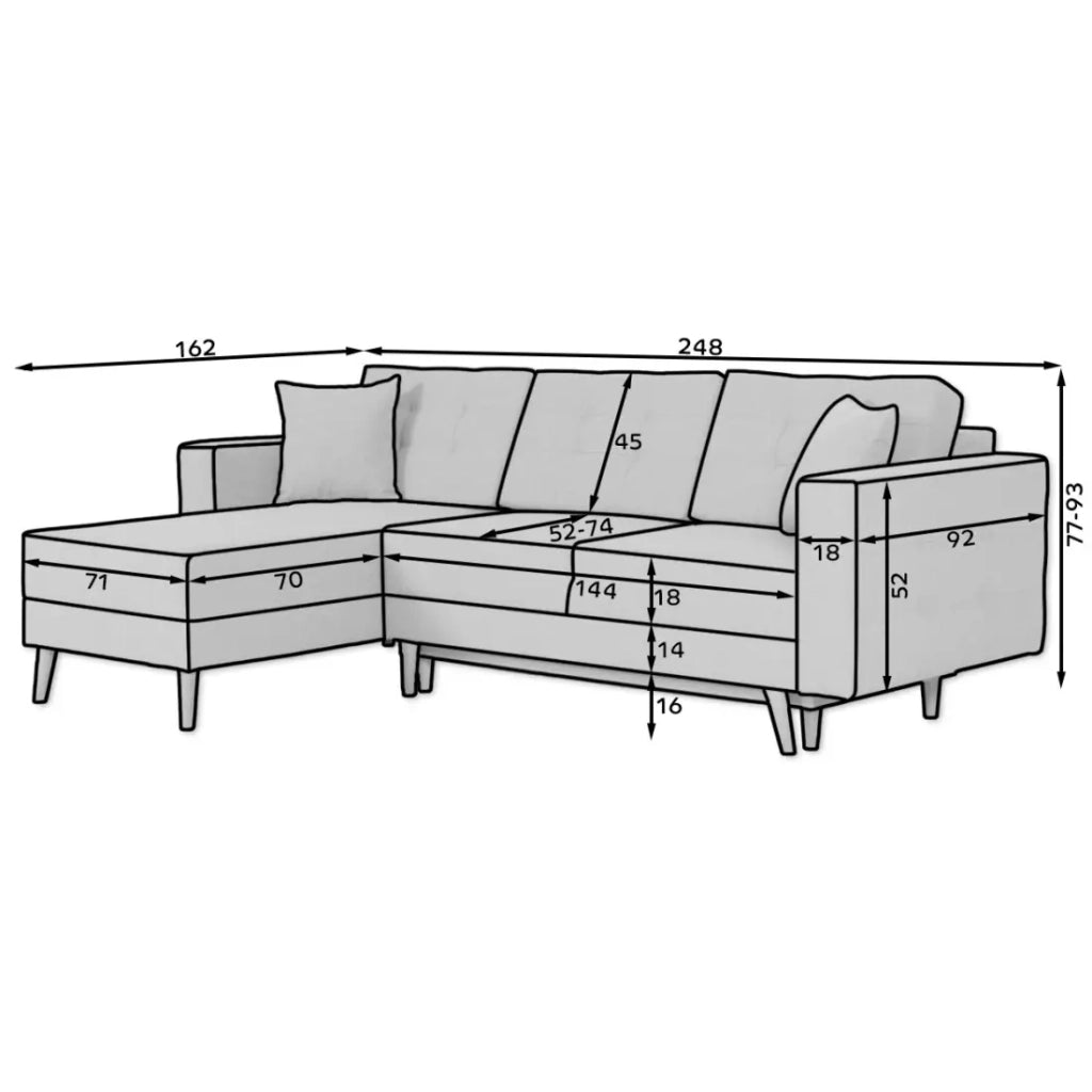 Divano angolare trasformabile HASGARD 3 posti grigio 248x162 cm – con vano contenitore e piedi in legno