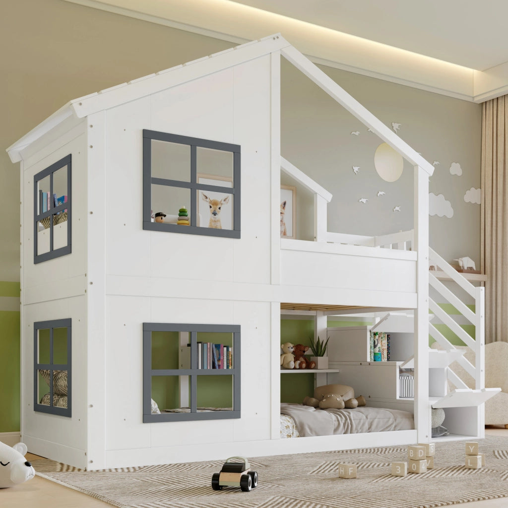 Letto a castello per bambini 90 × 200 cm con scale contenitore in legno MDF bianco e grigio con tetto e finestre