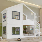 Letto a castello per bambini 90 × 200 cm con scale contenitore in legno MDF bianco e grigio con tetto e finestre