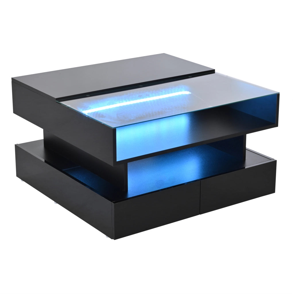 Tavolino da caffè quadrato alzabile 80x80x45 cm con LED; 2 cassetti; vetro temperato; nero