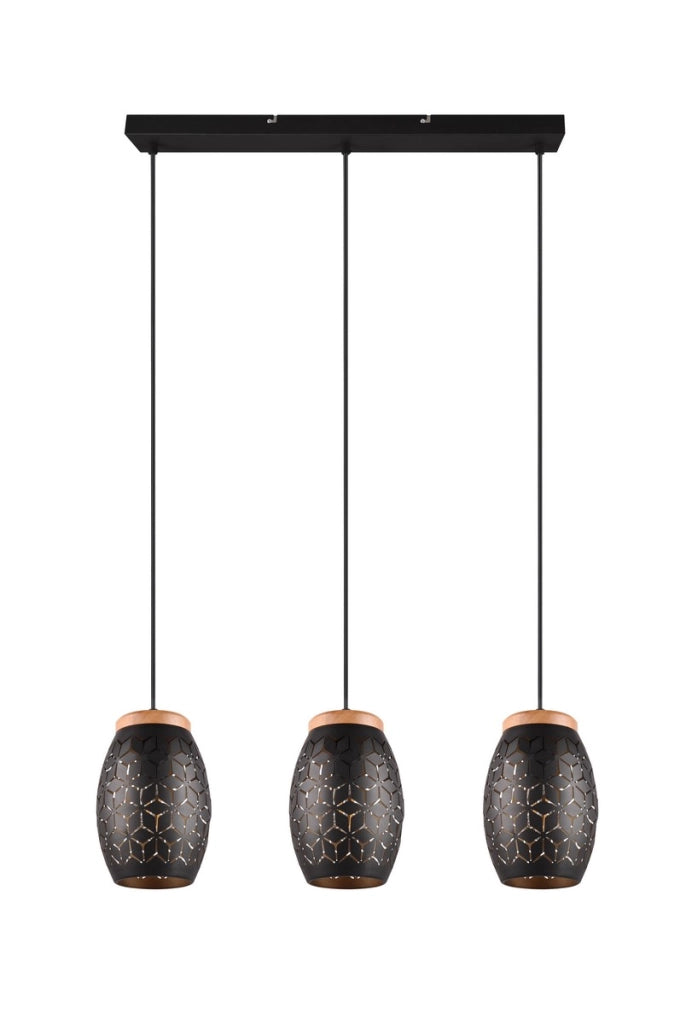 Lampada a sospensione nera metallo 3 luci legno E27