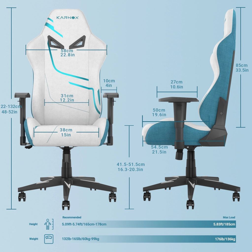 Sedia gaming ULEVR in tessuto bianco e blu, schienale reclinabile 90¡ã-155¡ã, braccioli regolabili e supporto lombare