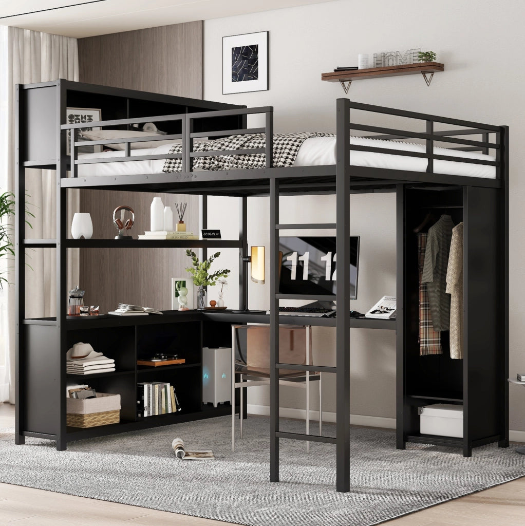 Letto a soppalco 140x200 cm con scrivania; armadio e vani contenitore in metallo e legno; nero