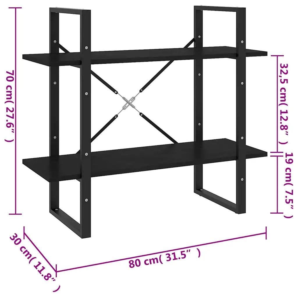 Libreria a 2 Ripiani-Scaffale per Libri-Mobile di Stoccaggio Nera 80x30x70 cm in Massello di Pino