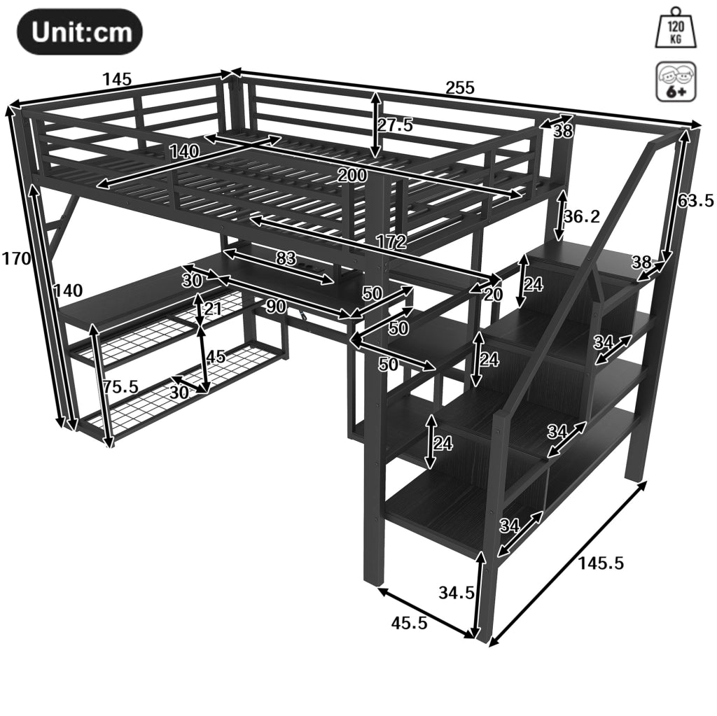 Letto a soppalco 140x200 cm con struttura in ferro, scrivania, LED integrato e prese USB, colore nero