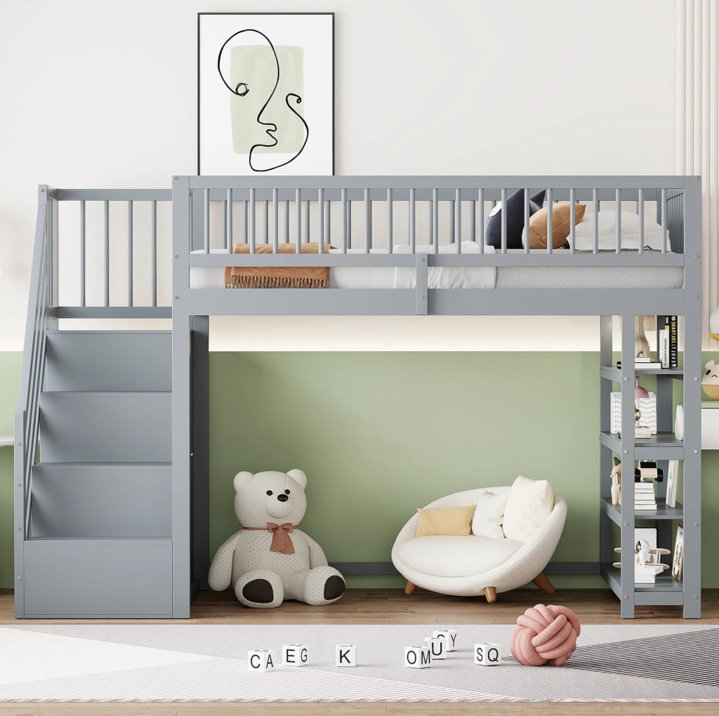 Letto a soppalco 90x200 cm con armadio, ripiani e vani in pino, compensato e MDF grigio