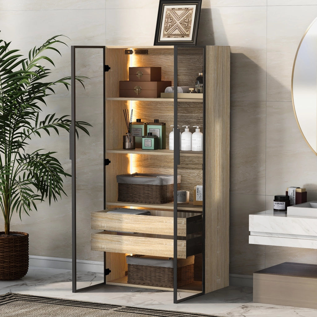 Armadio da bagno con LED a colori, 2 ante in vetro, 2 cassetti e ripiani aperti, per bagno e camera, in MDF naturale