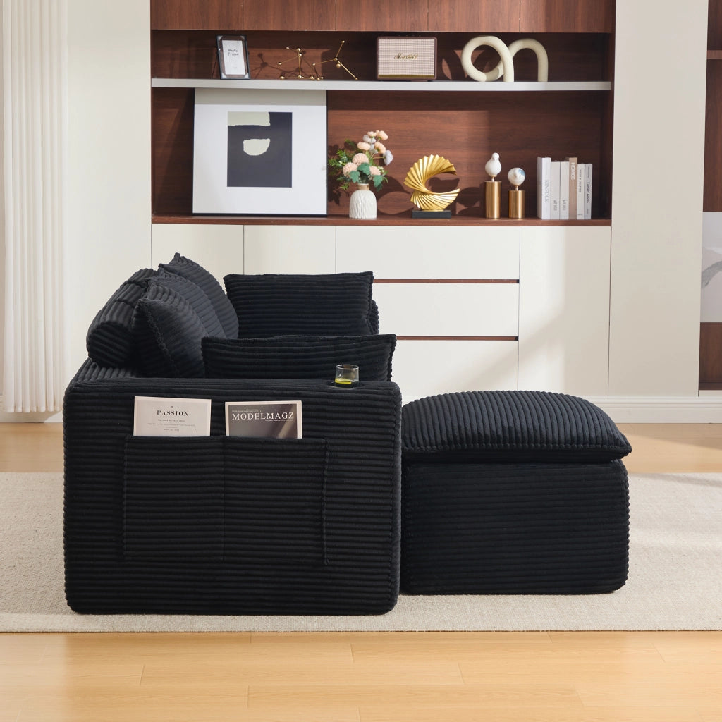 Divano 3 Posti con Poggiapiedi e Cuscini ¨C MINIMAL ¨C Nero, Velluto a Coste