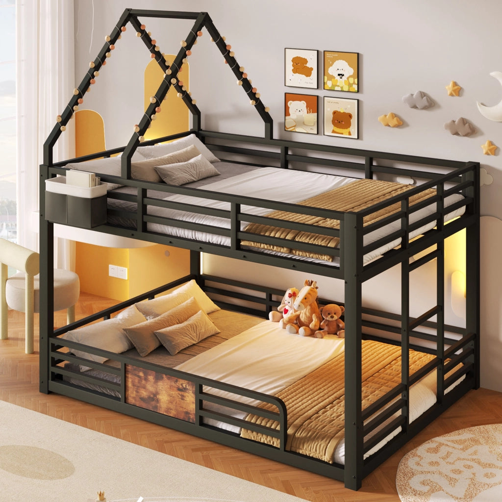 Letto a castello 140 × 200 cm con struttura a casetta; LED multicolore; tasche in tessuto e barriera nero