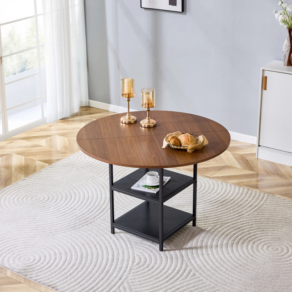 Tavolo da pranzo rotondo 107 cm in MDF effetto noce, nero, doppio ripiano, 2-4 persone
