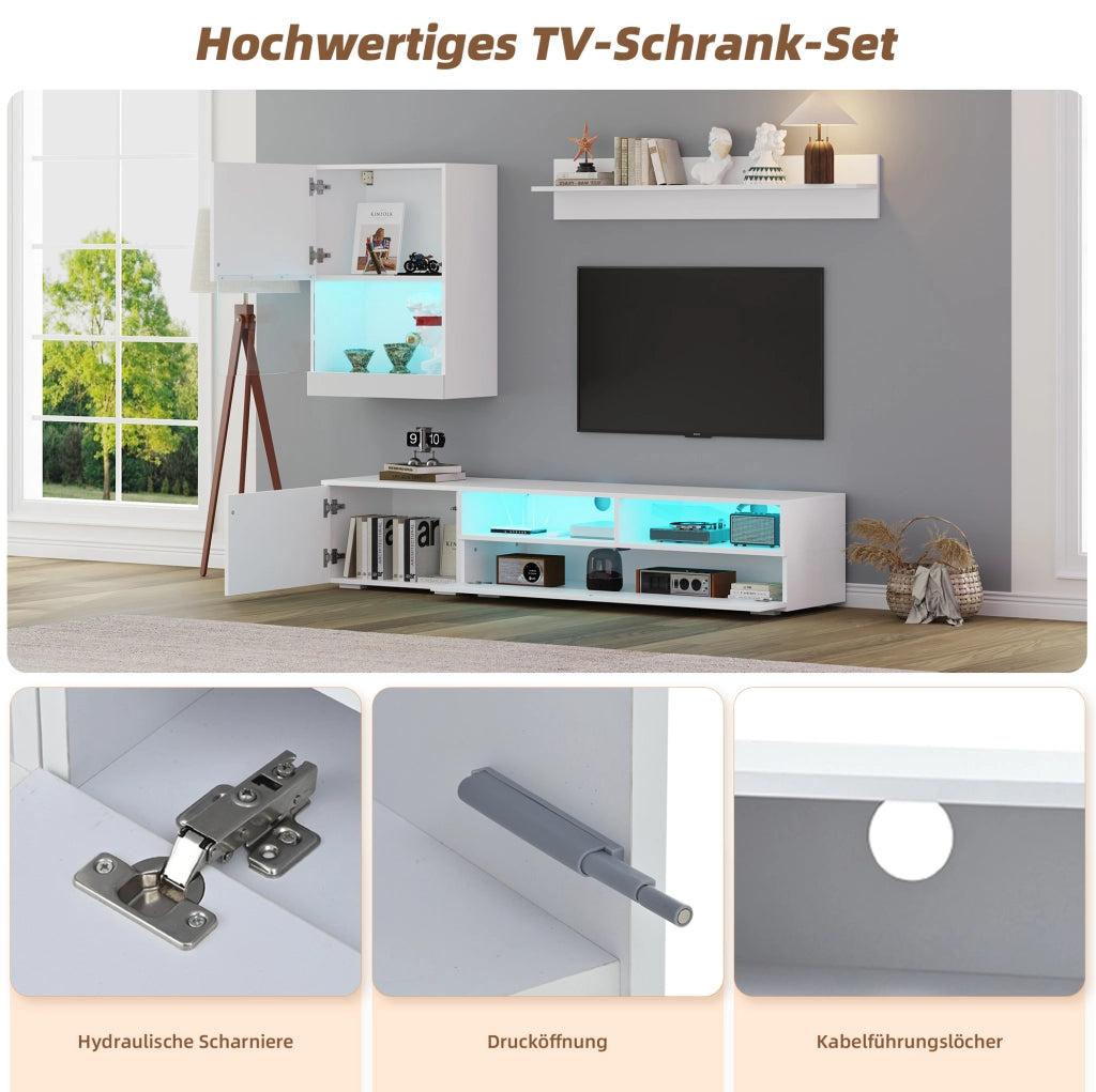Set mobile TV con LED; 175x39x34 cm; bianco; in pannello truciolare