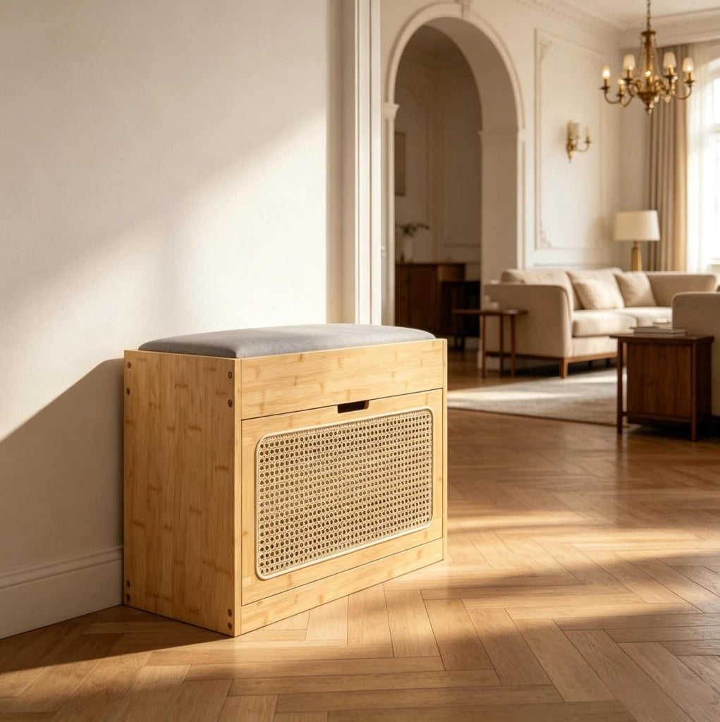 Panca scarpiera ULEVR 63x29x48 cm in bamb¨´ con cuscino imbottito, anta in rattan PE e 2 ripiani regolabili