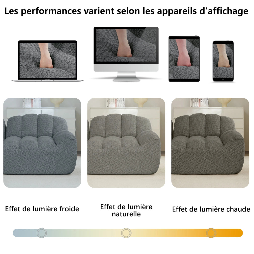 Divano modulare angolare a 3 posti con pouf, schiuma ad alta densità 32D, rivestimento in fleece granulato grigio